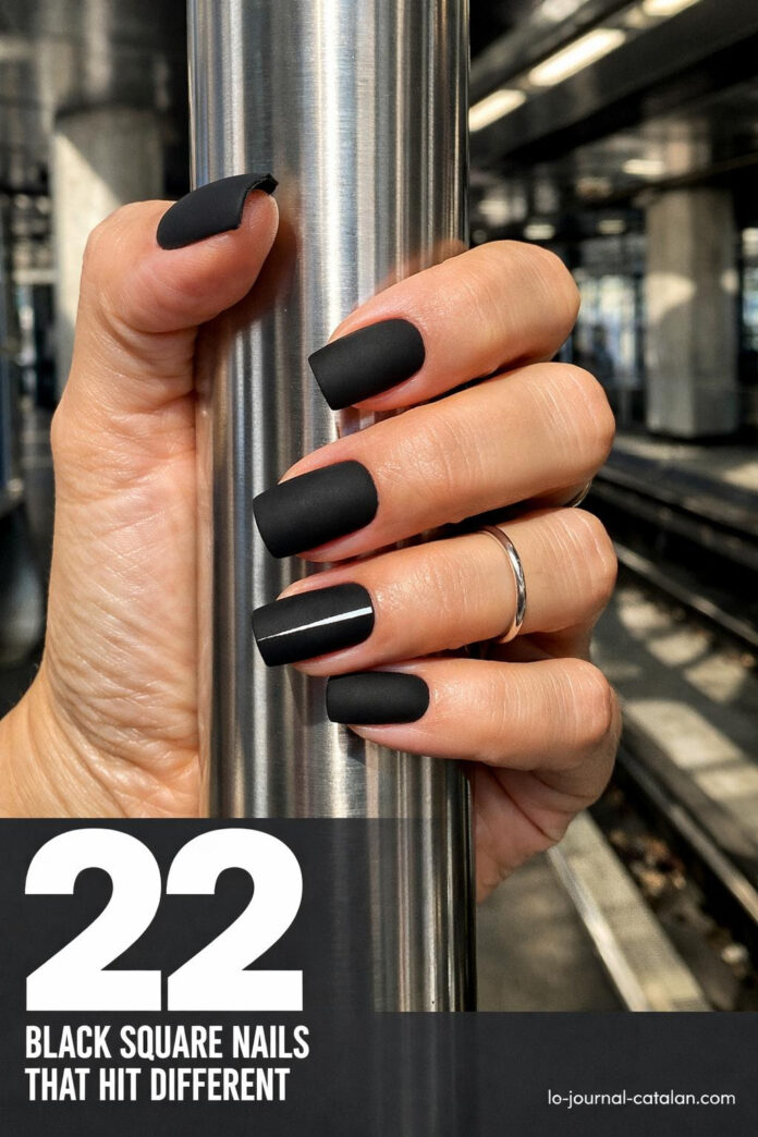 Cute black square nails with dark feminine design, featuring trendy all black nail art for a classy and simple look on natural nail beds