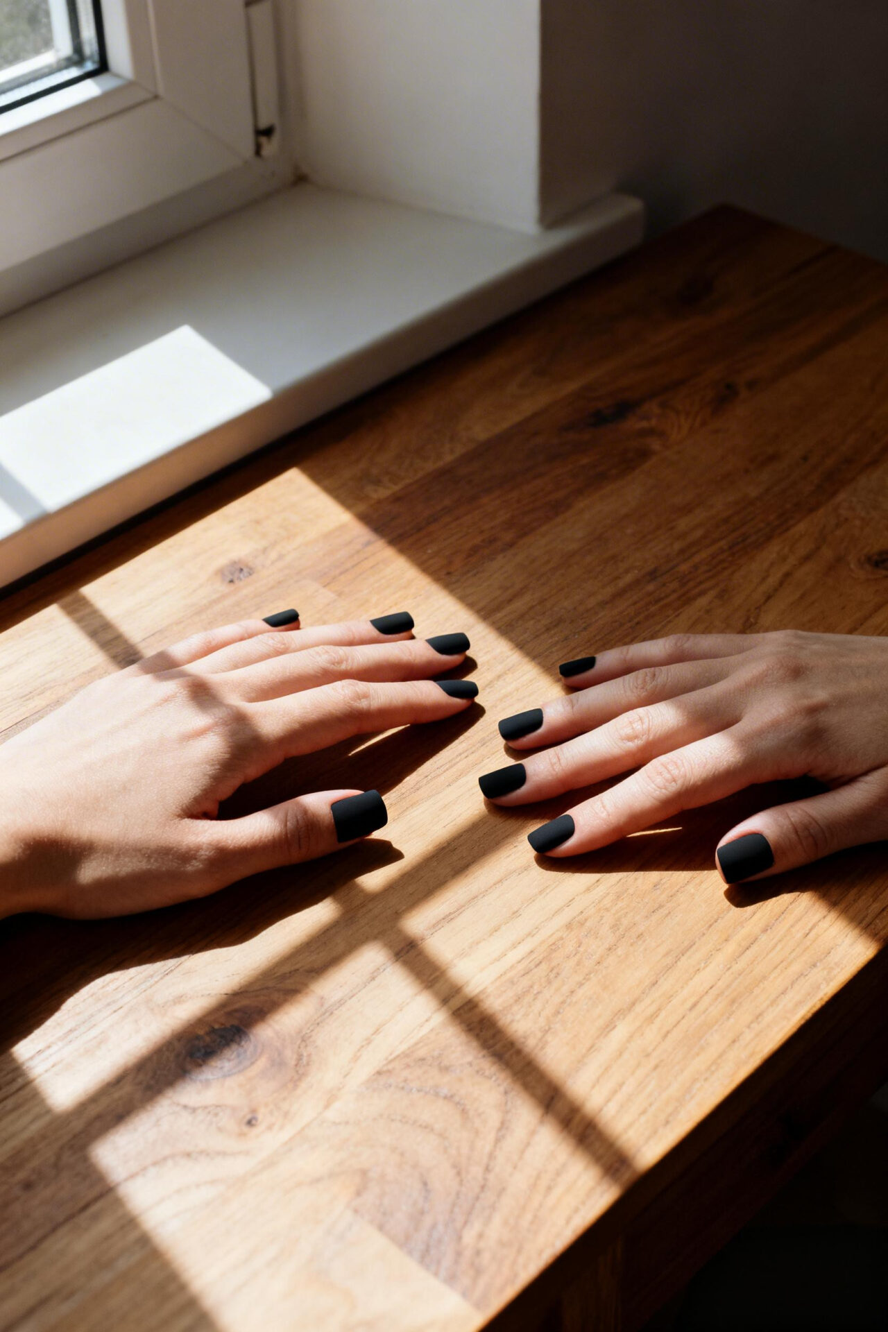 Black square nails matte wood table