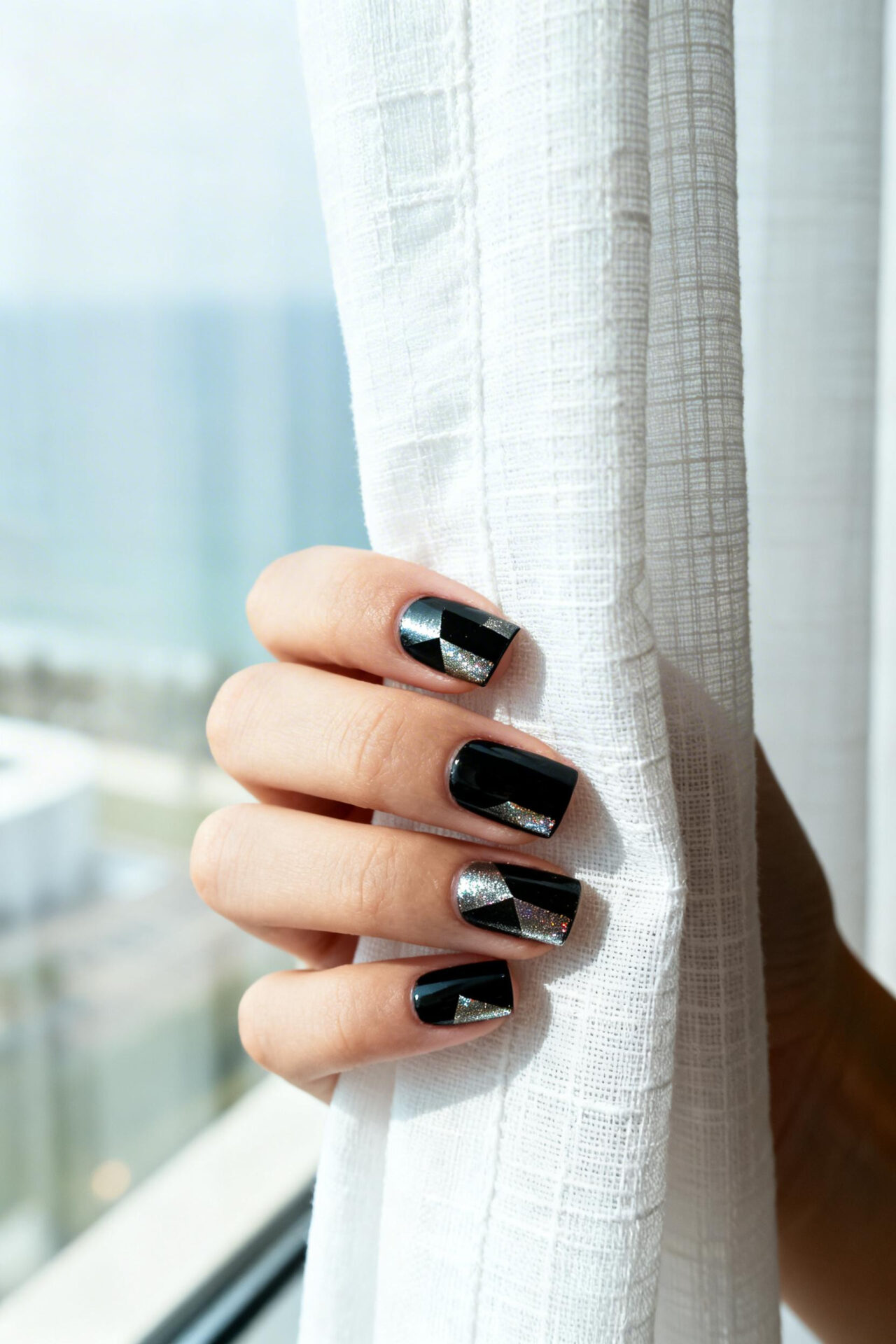 Black square nails metallic foil