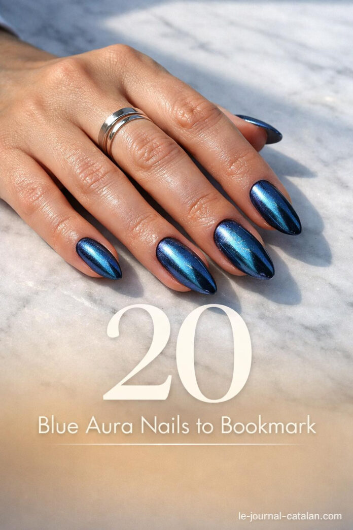 Dark blue aura nails featuring chrome finish and gradient effect with shimmering blue tones for elegant nail inspiration