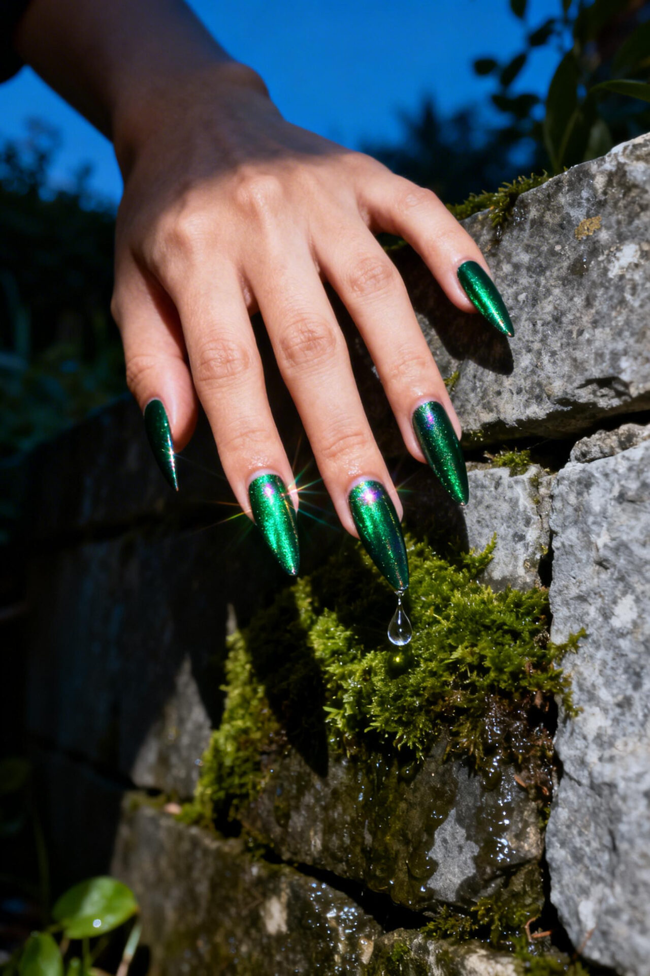 Dark Blue Nails - forest green aura stiletto