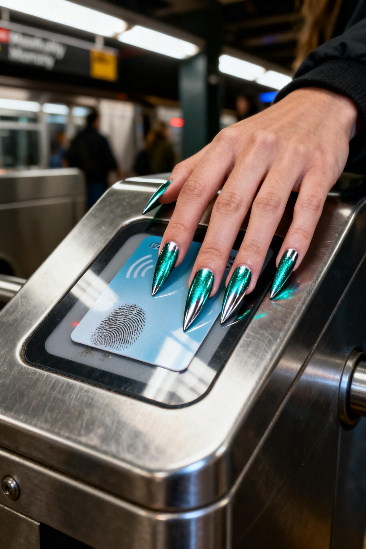 Blue Airbrush Nails - teal stiletto foil