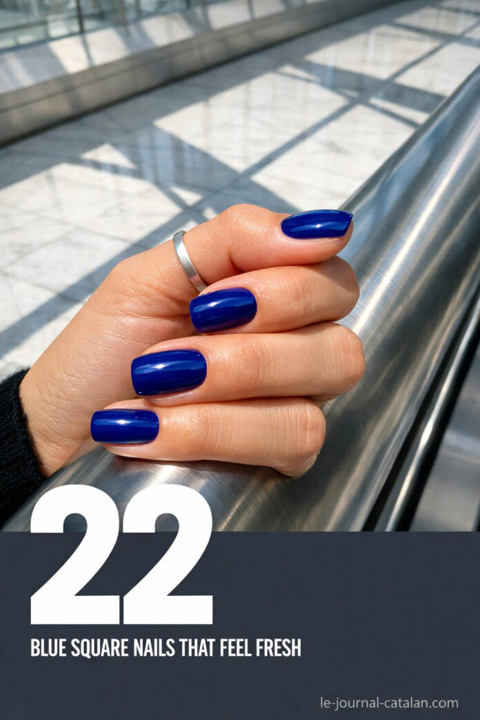 Blue Square Nails - Dark Blue Design Ideas Dark blue square nails with modern geometric design, featuring rich navy and royal blue tones for an elegant nail art look
