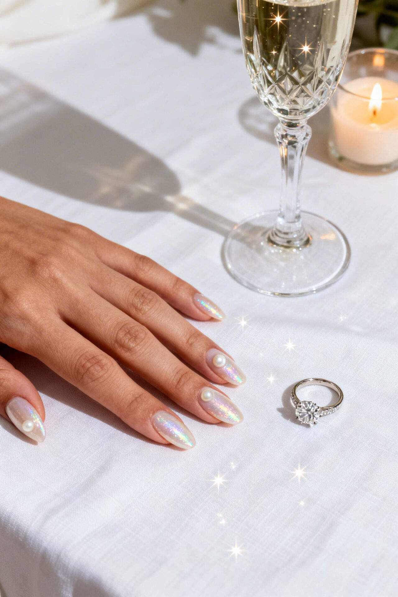 Uñas Para Boda Novia - pearl shimmer almond elegant