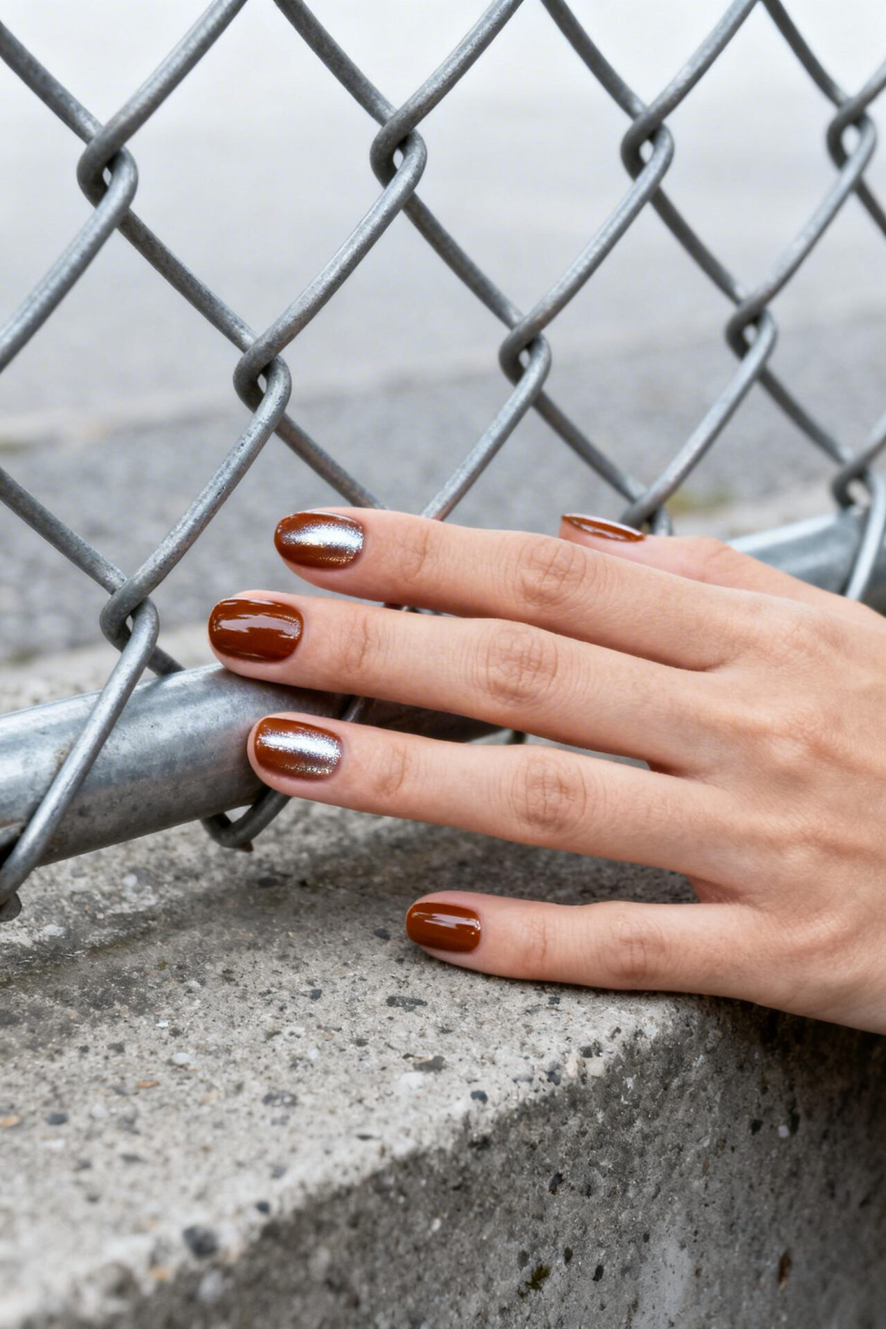 Brown Aura Nails - cognac leather chrome