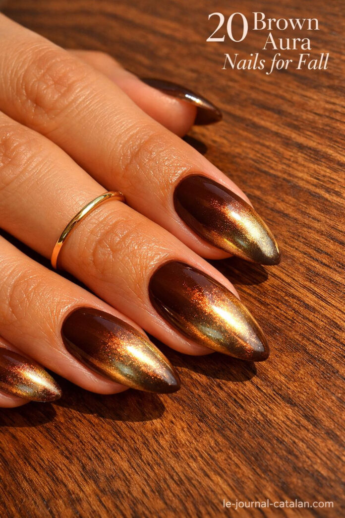 Fall nail inspiration featuring brown aura nails with gradient gold accents and aesthetic neutral tones for autumn designs