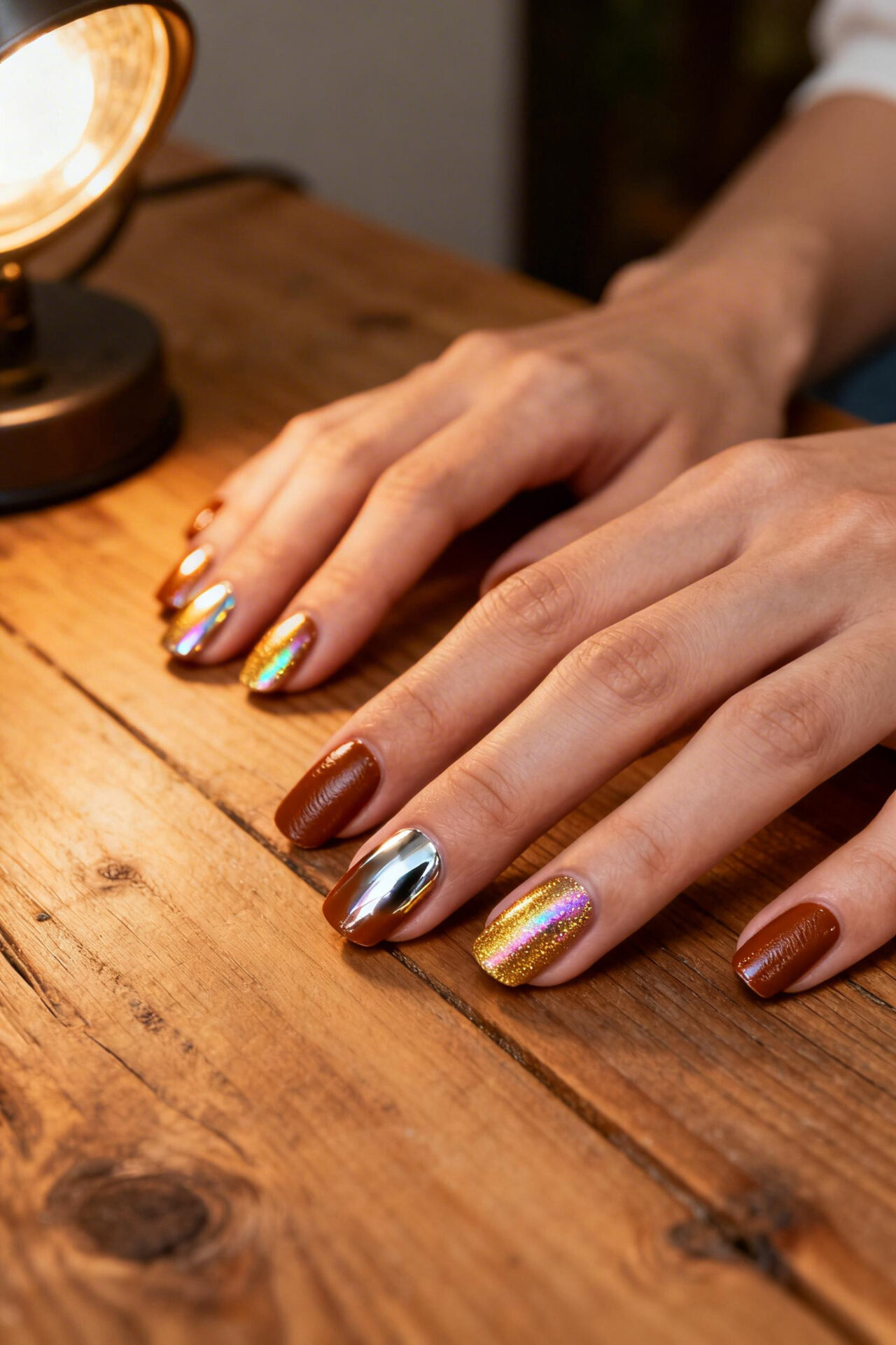 Brown Aura Nails - cognac chrome squoval