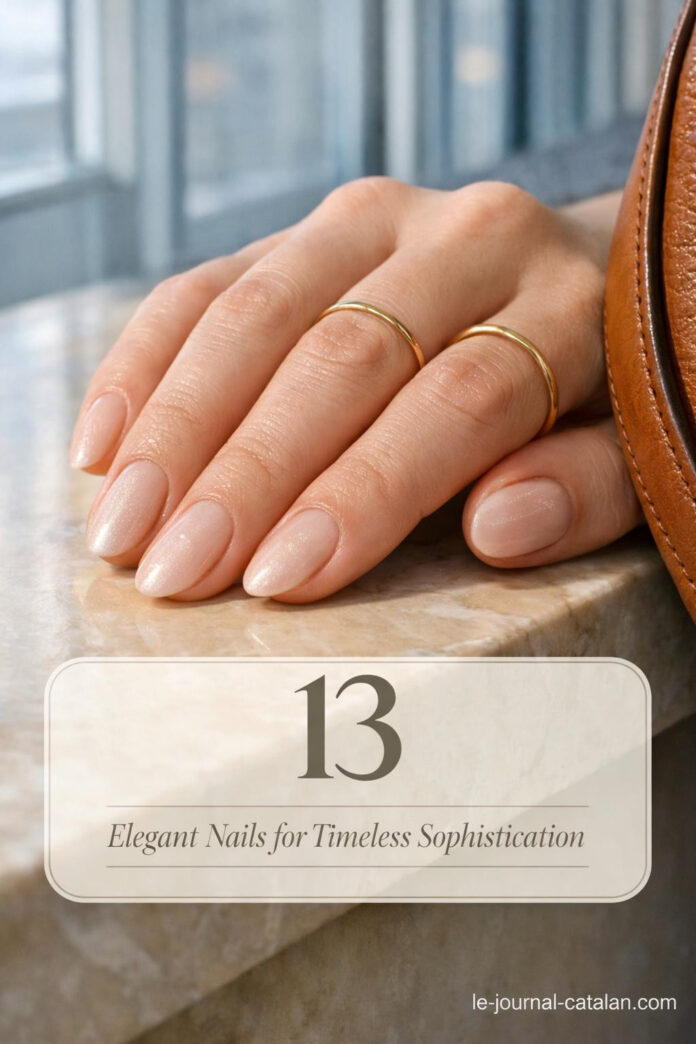 Classy nail designs featuring sophisticated minimalist manicure with subtle shimmer and refined neutral polish tones