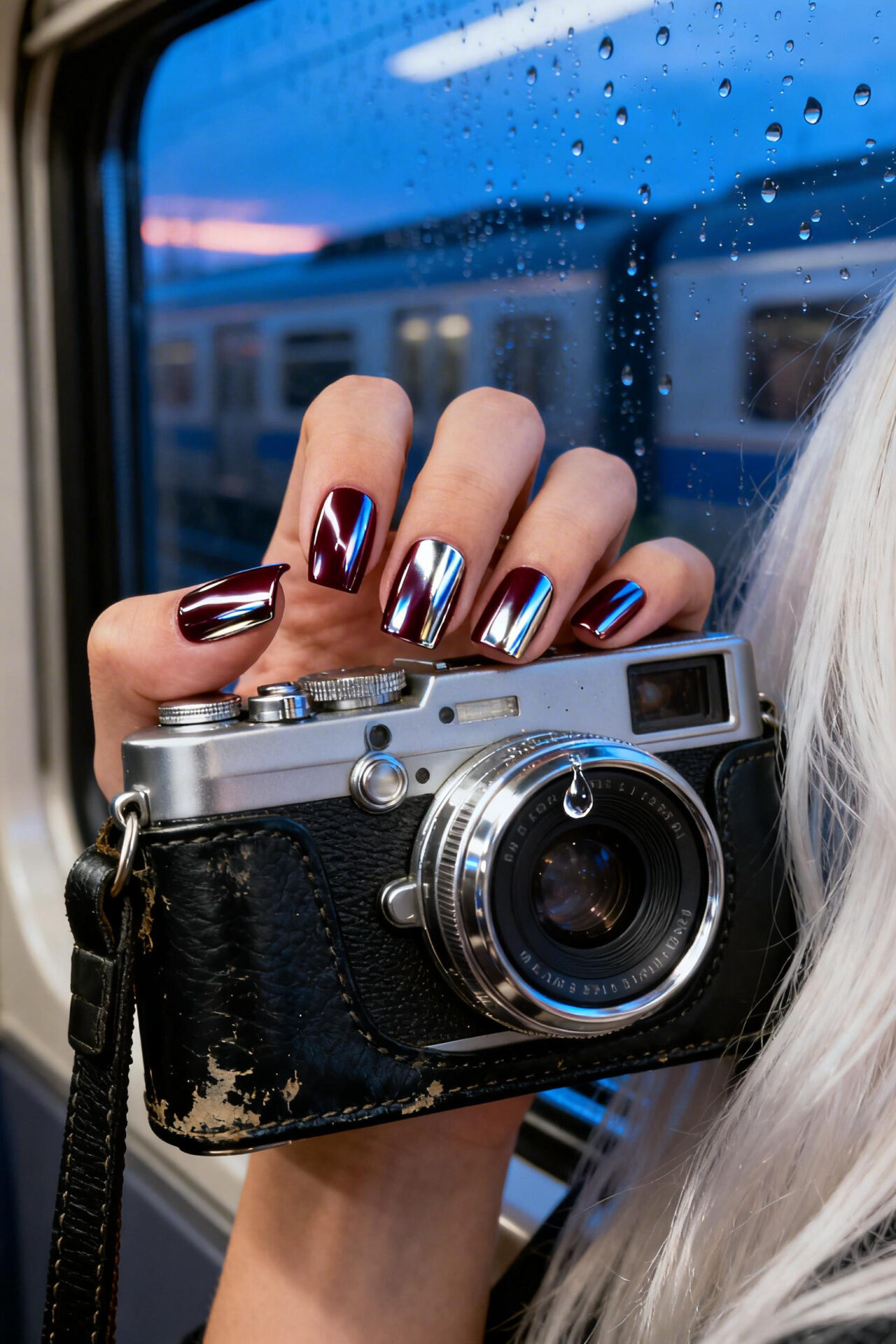 Fall Nails Square - burgundy chrome