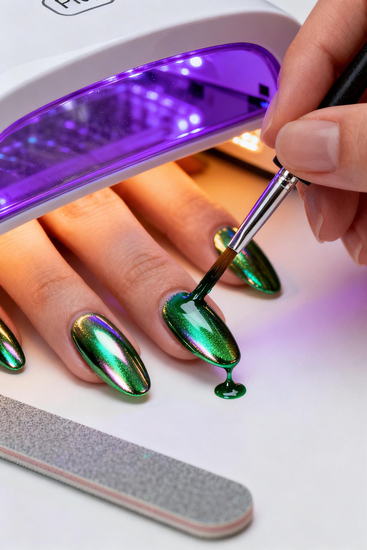 Green Aura Nails - emerald chrome almond