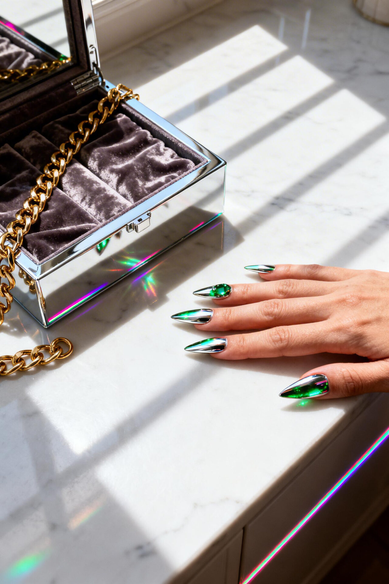 Green Aura Nails - emerald chrome stiletto