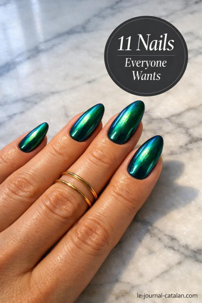 Emerald green aura nails with dark green nail designs and glass finish aesthetic displayed on fingertips