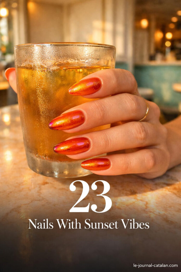 Orange Aura Nails - Bright Summer Design Red and orange aura nails with vibrant gradient effect, featuring tropical sunset colors and bright chrome finish for summer nail inspiration