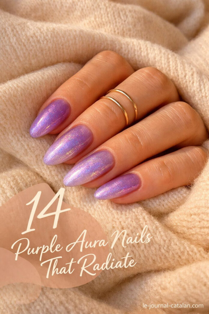 Violet aura nails featuring lavender and purple nail designs with mystical witchy aesthetic and lilac gradient effects