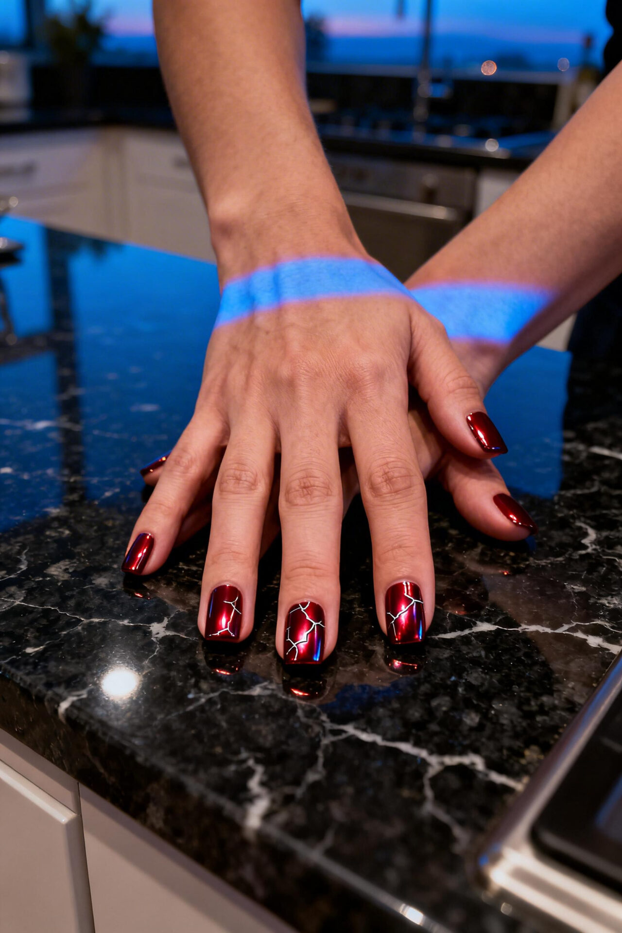 Red Aura Nails - cherry cola chrome short square
