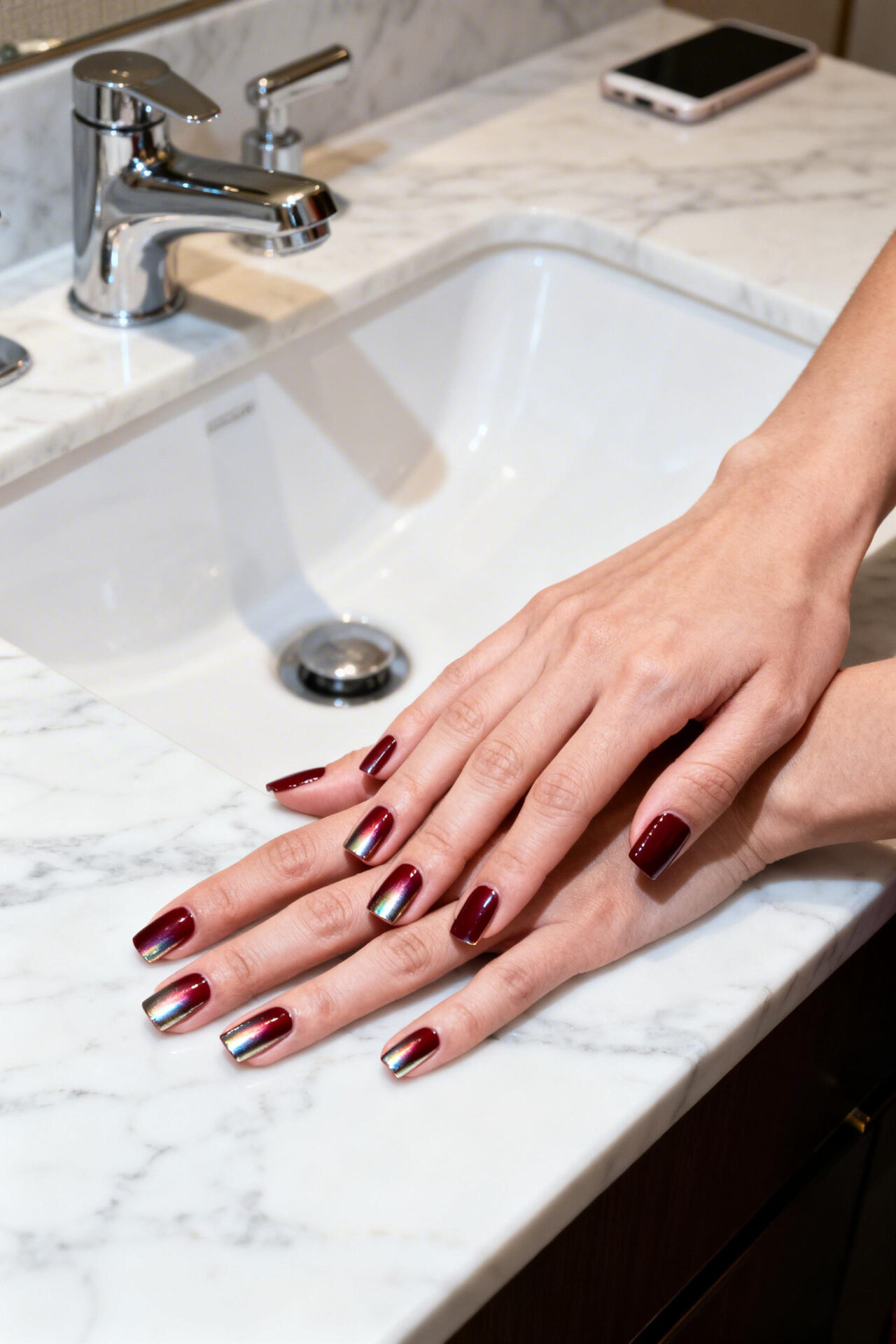 Red Aura Nails - dark chrome square shape