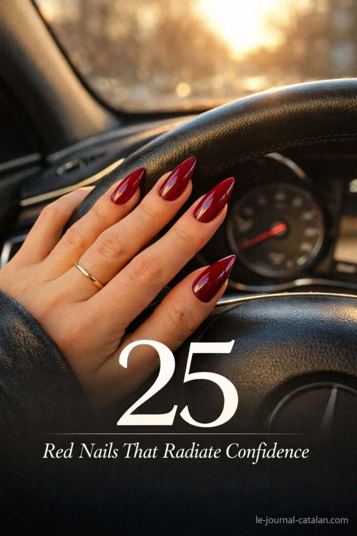 Hot red aura nails with dark ombre gradient effect and aesthetic nail art design for elegant manicure inspiration