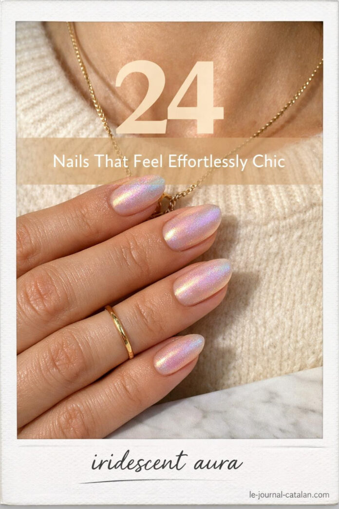 Short gel nails featuring soft aura aesthetic with minimalist design, showcasing iridescent glow effect on natural nail beds
