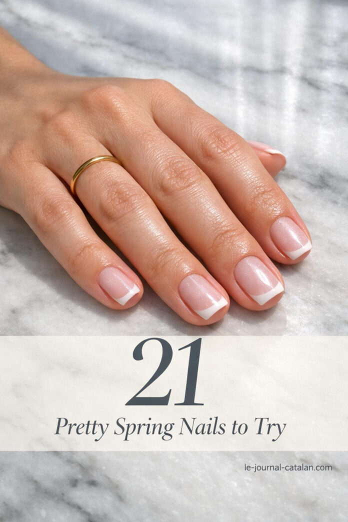 Short square nails with pastel spring colors and French tip design inspiration for April nail art