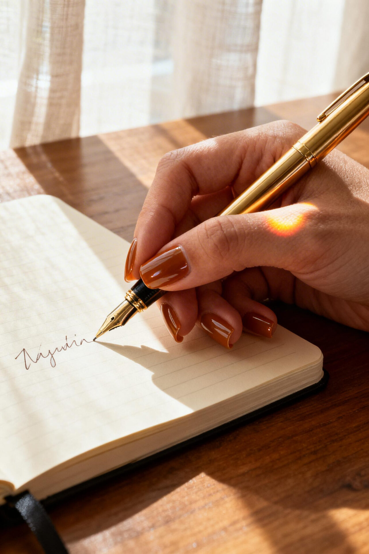 Long Squoval Nails - caramel gloss