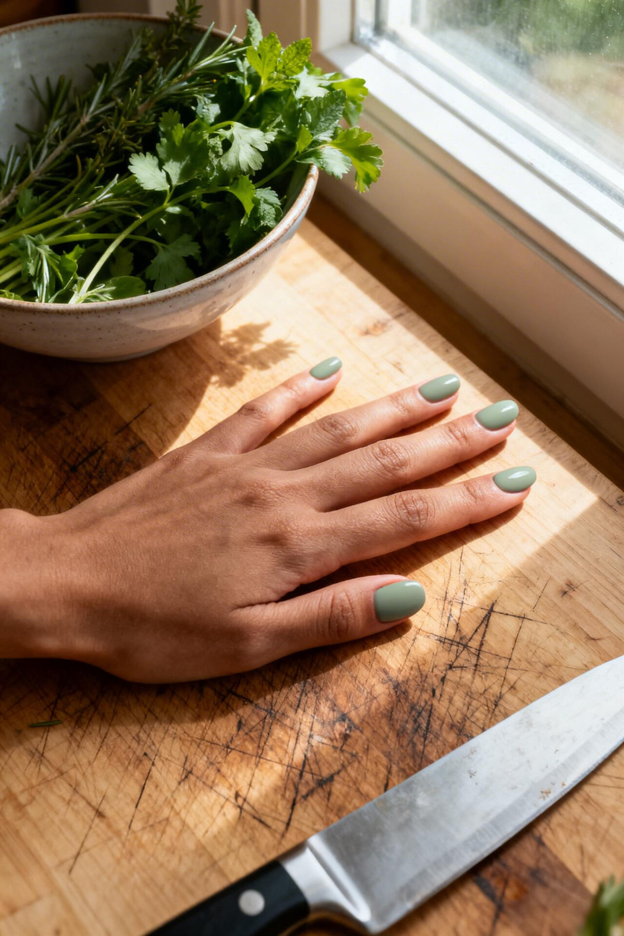 Square Round Nails - sage matte acrylic