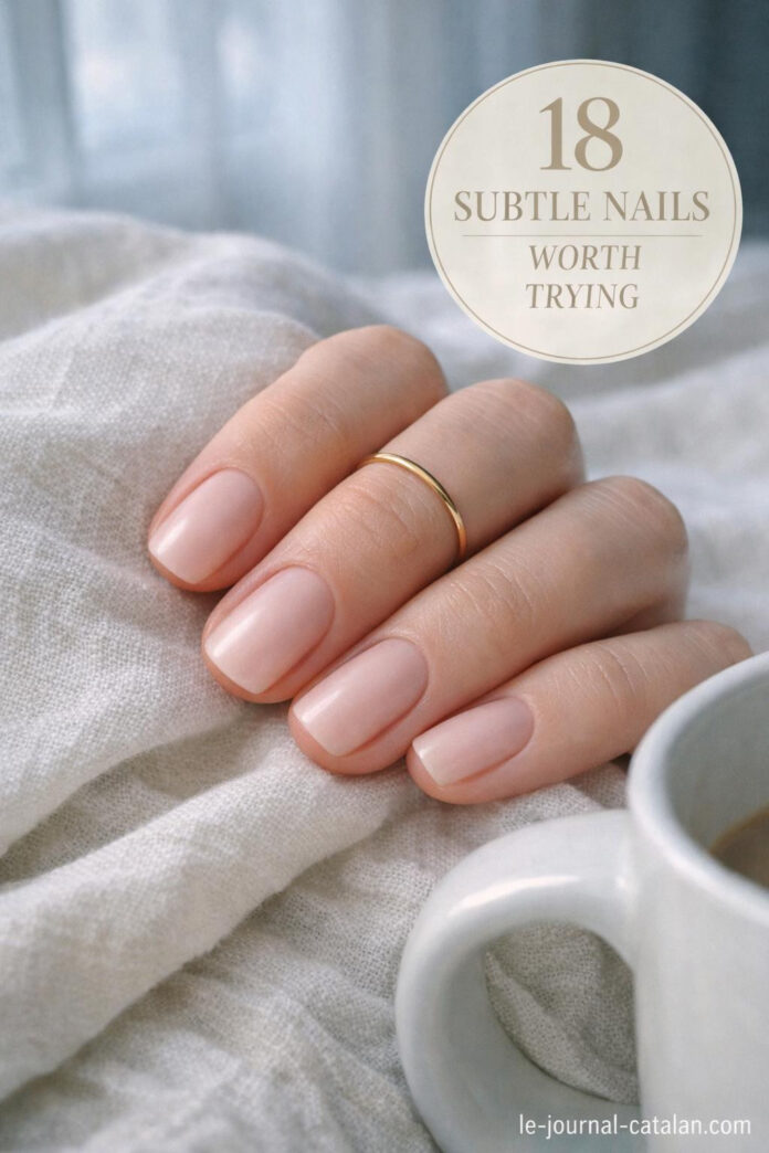 Squoval acrylic nails in neutral beige tone with soft square-rounded edges, showcasing short to medium length nail design
