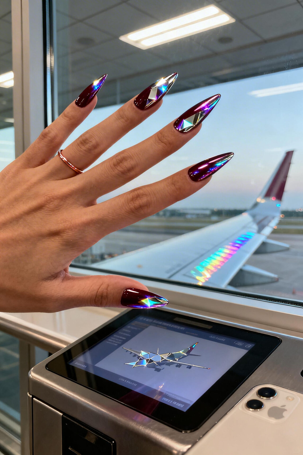 Simple Aura Nails - burgundy chrome