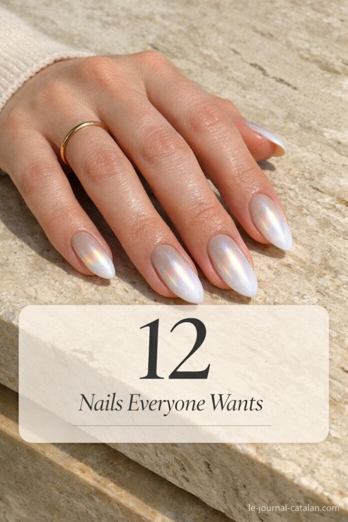 White chrome nails with soft aura aesthetic, featuring a luminous neutral finish and subtle gradient effect for an elegant manicure look