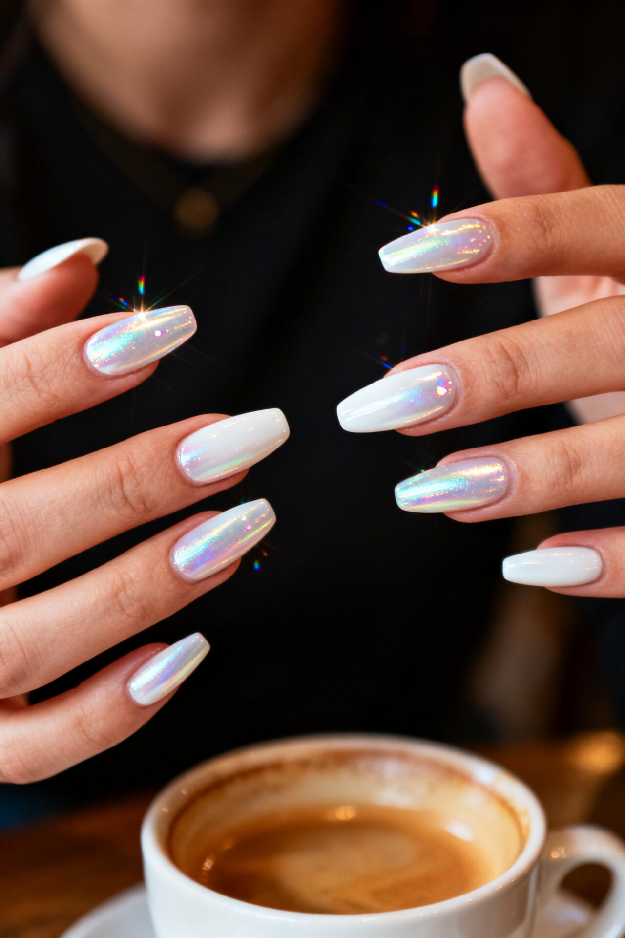 White Chrome Nails - pearl coffin shape